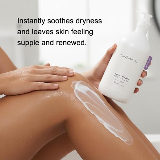 NINEMILA Pure Hinoki Body Care Set: 1000ml Vegan Body Wash (White Musk) &amp 1000ml Body Lotion (Blackberry) – Jeju Cypress Water (50000ppm) Hypoallergenic Spa Ritual for Sensitive Skin 2-Pack Bun