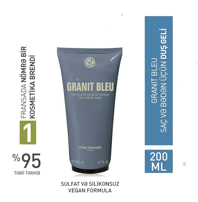 Yves Rocher Granit Bleu and Bois de Sauge Perfumed Body &amp Hair Gel for Men – Refreshing Woody Marine Scent Cleansing Shower Gel All-in-One Hair Daily Use Set of 2-200 ml / 6.7 fl oz