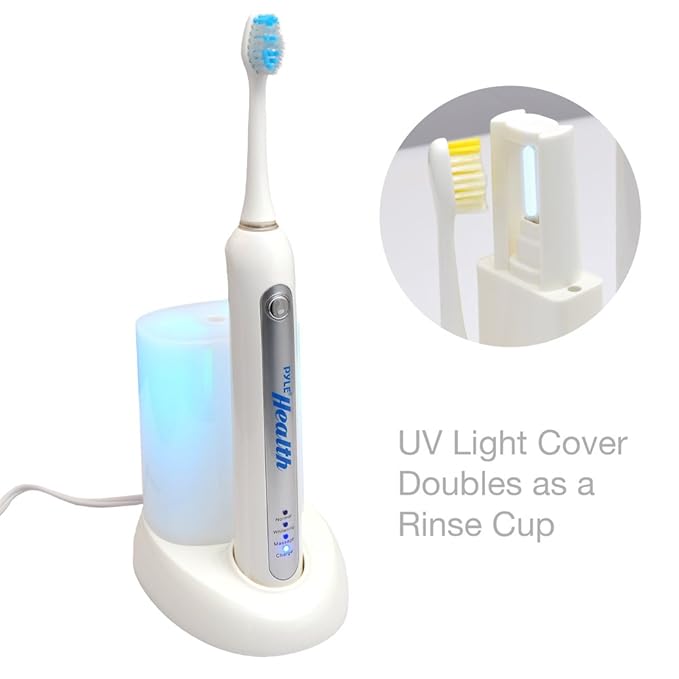 Pyle Wave Rechargeable Electric Toothbrush - w/ 3 Brush Mode UV Light 2 min Timer 2 Oral Brush Heads Charging Dock Holder - for Kids Teens Adults
