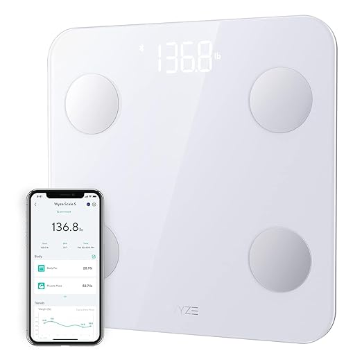 Wyze Scale S Scale for Body Weight Digital Bathroom Scale for Body Fat BMI Muscle Heart Rate Body Composition Analyzer with App Batteries Included Bluetooth 400 lb White