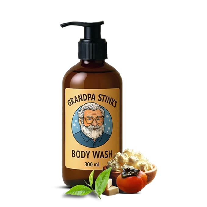 Grandpa Stinks® Body Wash – Persimmon &amp Green Tea Deodorizing Cleanser – Natural Odor Eliminator for Men – Hydrating Daily Shower Gel with Shea Butter – 10.14 fl oz