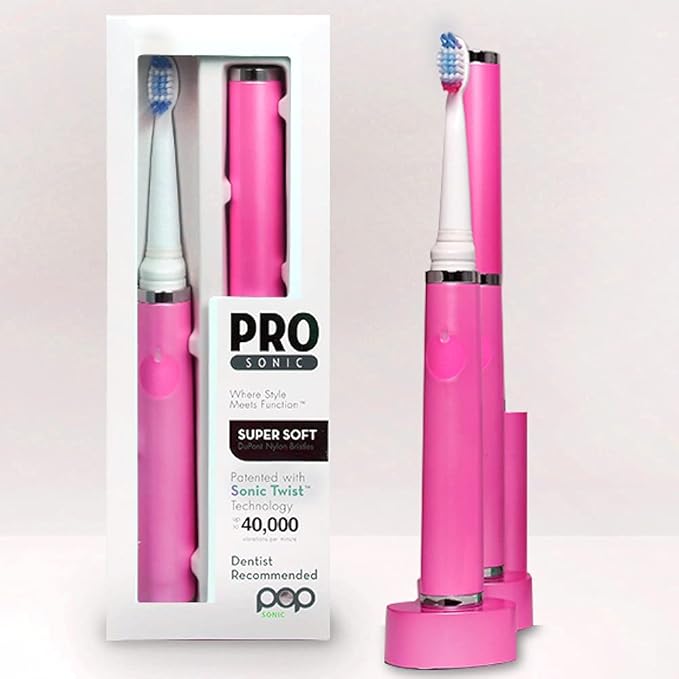 Pop Sonic Ultimate Pro Toothbrush (Pink) | Rechargeable Battery w/Up to 40000 Brush Strokes/Minute -Long-Lasting Dupont Nylon Bristles - for Teens &amp Adults w/Quadrant Pacer &amp Timer
