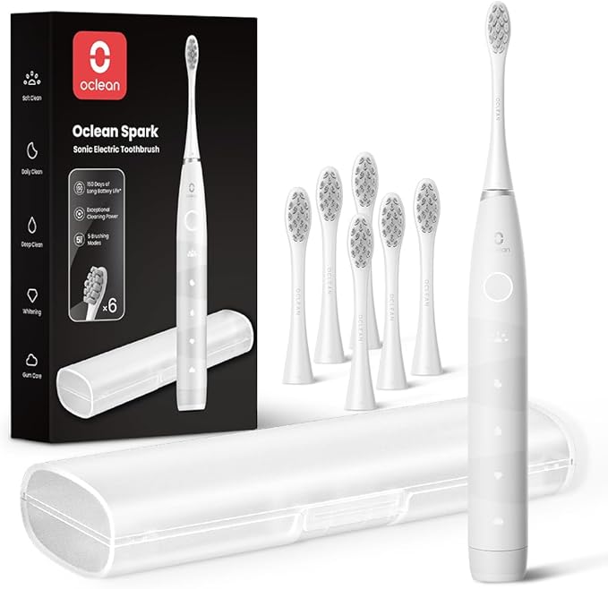 Oclean Electric Toothbrush for Adults 150 Days Battery Life Electric Toothbrush USB Rechargeable Sonic Travel Toothbrush with 6 Brush Heads &amp Travel Case 5 Modes and Smart Timer