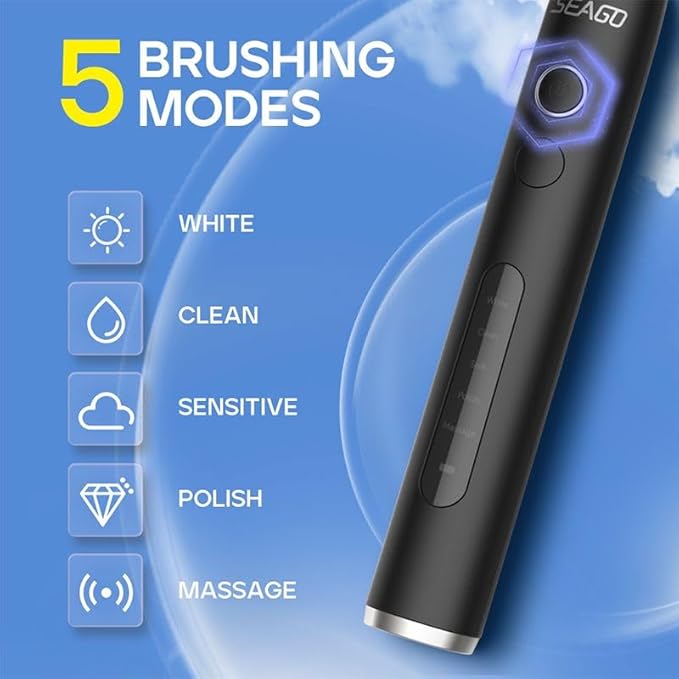 Electric Toothbrush for Adults with 3 Brush Heads 5 Modes Rechargeable Power Toothbrush 2 Min Smart Timer and IPX7 Waterproof (Black)