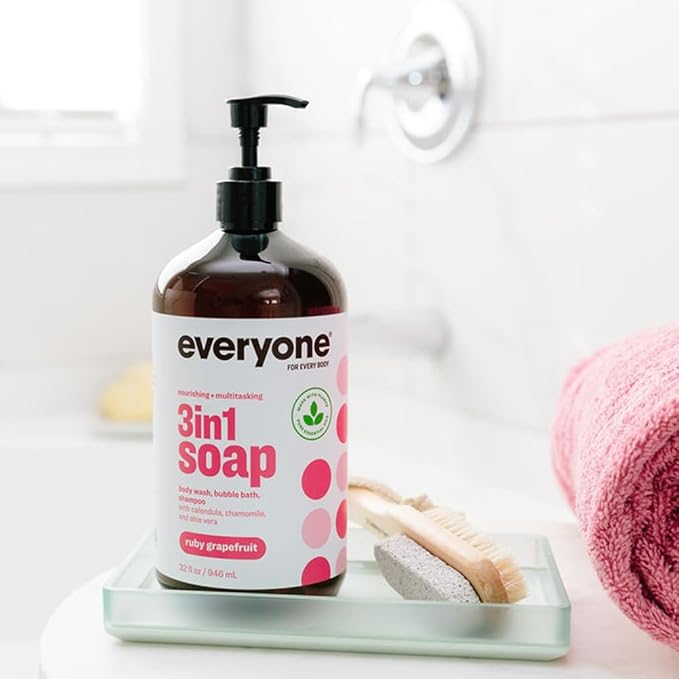 Everyone 3-in-1 Soap Body Wash Bubble Bath Shampoo 32 Ounce (Pack of 2) Ruby Grapefruit made with Essential Oils for Men and Women