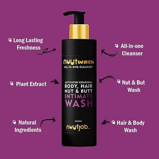 Nuutwash All in One Cleanser for Men 200 ml | Intimate Nut-Butt-Body &amp Hair Wash | Activated Charcoal | Plant Extracts | Natural Ingredients | Essential Oils | For Men-Boys