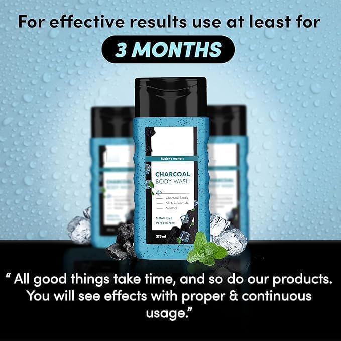 MZ 3 in 1 Action Charcoal &amp Menthol Body Wash | With Menthol 5% Niacinamide &amp Activated Charcoal Beads | (250ml)