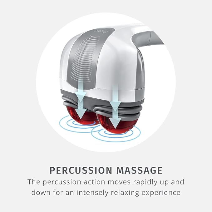 Homedics Back Massager - Heated Automatic Percussion Back Body and Neck Massager with Duel Pivoting Heads Interchangeable Nodes for Shoulders Legs and Feet White