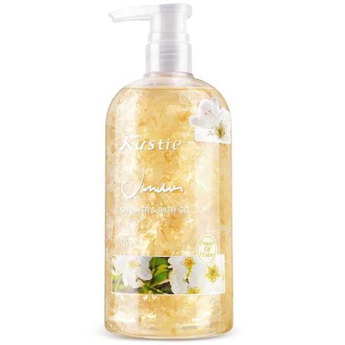 Kustie Jasmine Body Wash with Real Flower Petals – Hydrating Shower Gel with Hyaluronic Acid Niacinamide &amp Squalane Moisturizing Floral Body Wash for Dry &amp Sensitive Skin 24.3 fl oz