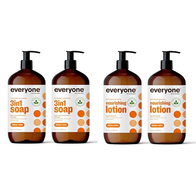 Everyone 3-in-1 Soap Body Wash Bubble Bath Shampoo 32 Ounce (Pack of 2) Nourishing Hand and Body Lotion 32 Ounce (Pack of 2) Citrus and Mint