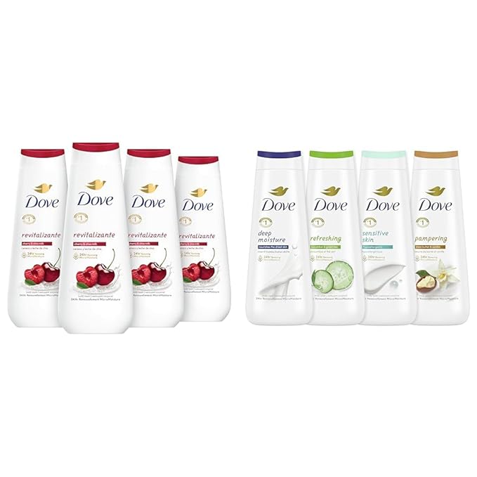 Dove Body Wash Revitalizante Cherry &amp Chia Milk 4 Count and Deep Moisture Sensitive Skin Cucumber and Green Tea and Shea Butter &amp Vanilla Collection 4 Count with 24hr Renewing MicroMoisture