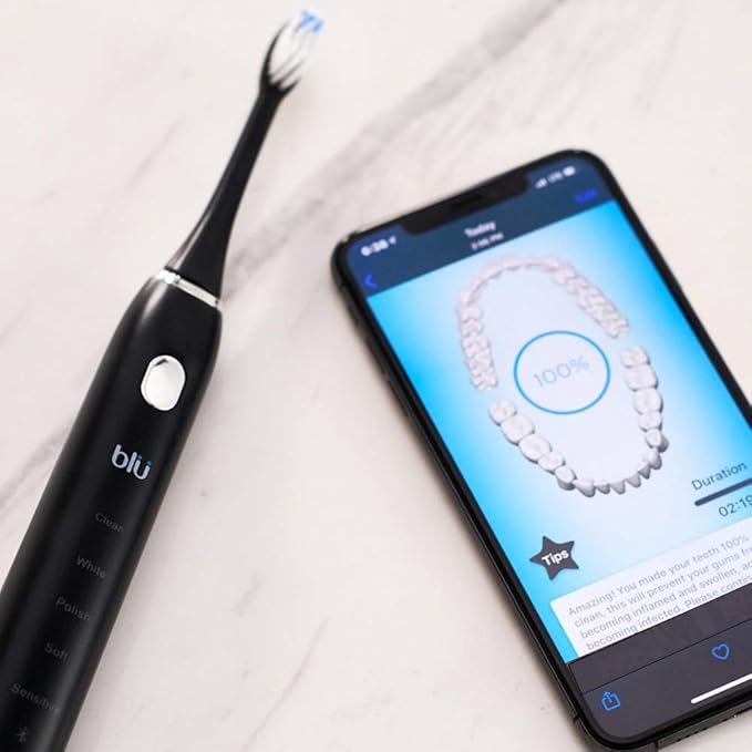 Blu Smart Electric Toothbrush Sonic Power Toothbrush with Interactive Live Tracking App for Adults (Black)