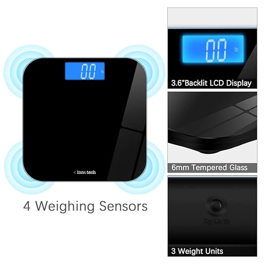 Innotech® Digital Bathroom Scale with Easy-to-Read Backlit LCD (Black)