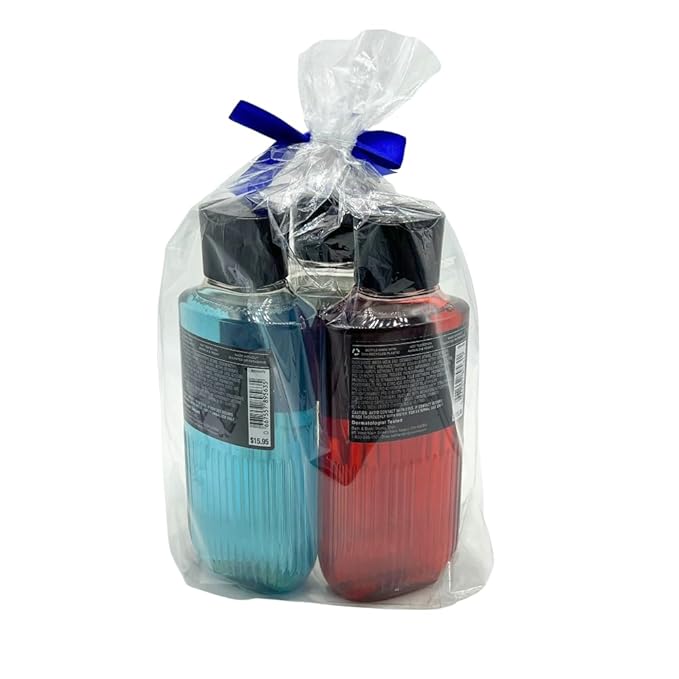 Bath &amp Body Works BOURBON NOIR OCEAN Men's Collection 3-in-1 Hair Face &amp Body Wash 3-piece Gift Set with a Blue Bow for Holidays - 10 fl oz each