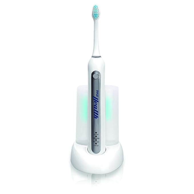 Pyle Wave Rechargeable Electric Toothbrush - w/ 3 Brush Mode UV Light 2 min Timer 2 Oral Brush Heads Charging Dock Holder - for Kids Teens Adults