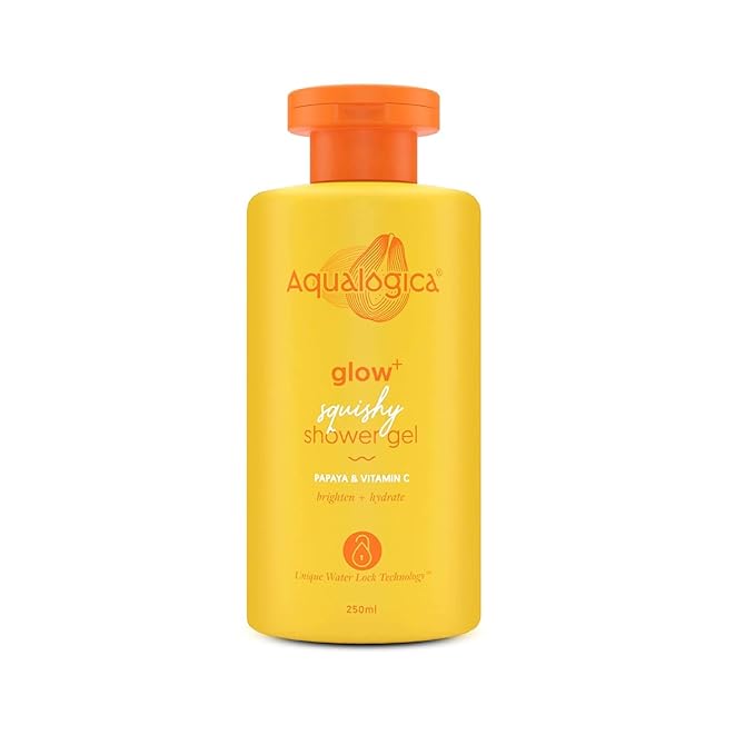 Aqua-logica Body Wash Glow plus Squishy Shower Gel | Papaya and Vitamin C | For Dry Oily Glowing and Hydrated Skin | For Men and Women 250ml.
