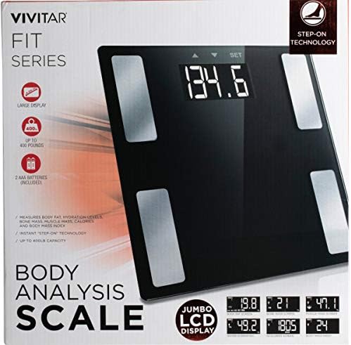 Vivitar PS-V163-B Body Analysis Digital Bathroom Scale With An Easy To Read LCD Display Wireless Weight Smart Body Fat Scale Sleek Tempered Glass Platform Large Display 400 Pounds Black