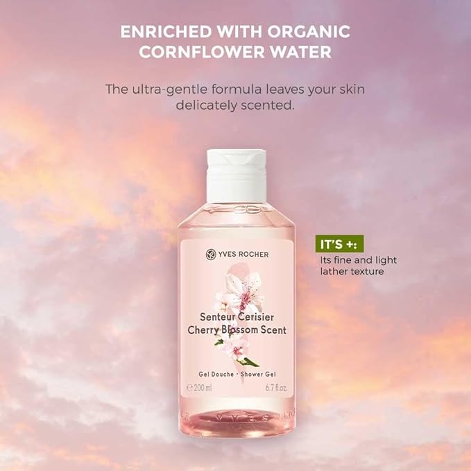 Yves Rocher Cherry Blossom Bloom Perfumed Shower Gel Nourishing Moisturizing Body - 200 ml./6.7 fl.oz. Set of 2 Best Gift Kit