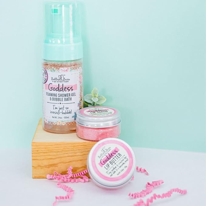 Bella &amp Bear Goddess Mini Bath &amp Body Gift Set with 2 in1 Foaming Shower Gel &amp Bubble Bath Lip Scrub Lip Butter - Gift - Teens - Tweens - Women