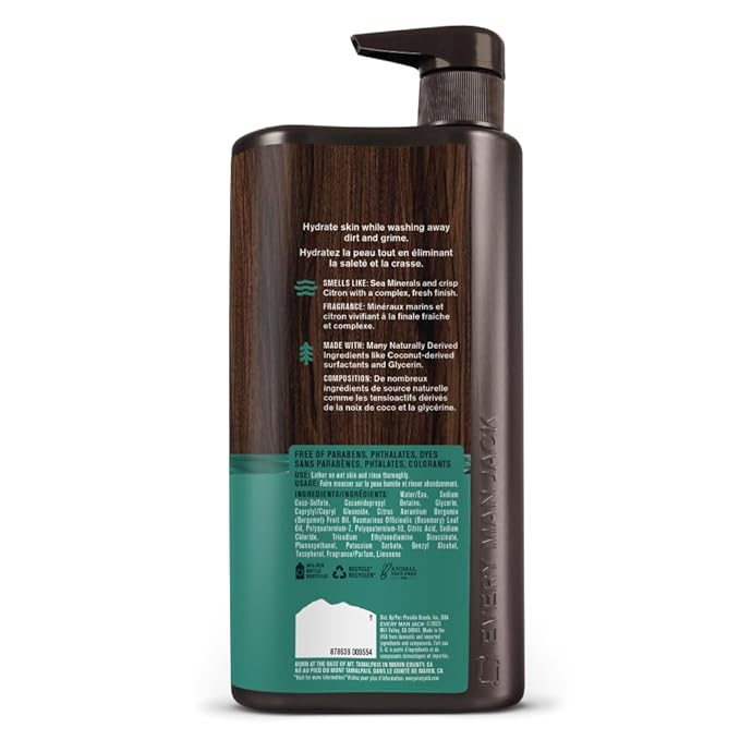Every Man Jack Men’s Hydrating Body Wash for All Skin Types - Cleanse and Hydrate Skin with Naturally Derived Marine Extracts Coconut Oil and a Sea Minerals + Citron Scent - 33.8 fl. oz. - 2 Bottle