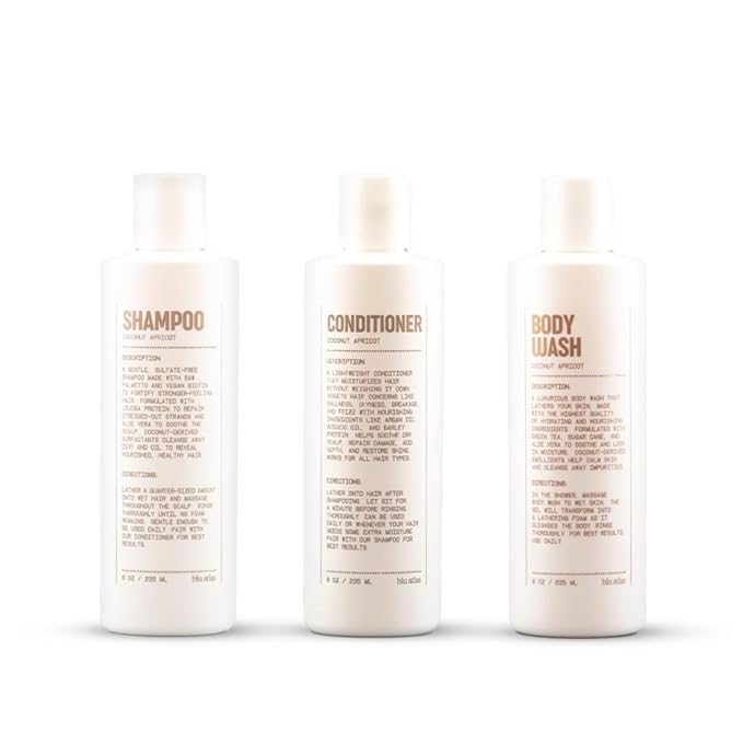 Blu Atlas Men's Body Wash Shampoo and Conditioner Bundle - Coconut Apricot - Gentle Cleansing Hydrating Shampoo for Volume All Hair Types - 8 oz Bottle