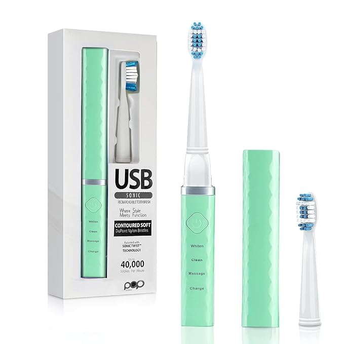 Pop Sonic USB Charge Anywhere Toothbrush(Green) - Rechargeable Toothbrush w/Up to 40000 Brush Strokes/Minute-Long-Lasting Dupont Nylon Bristles -Teens &amp Adult with Quadrant Pacer &amp Timer