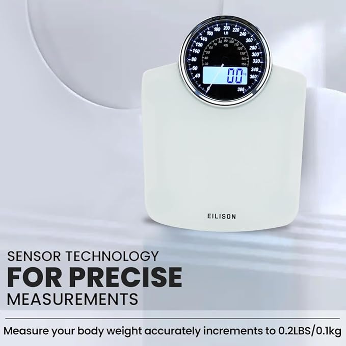 EILISON Highly Advance 2-in-1 Digital &amp Analog Weighing Scale for Body Weight-400lbs 4 High Precison GX Sensor Accurate Thick Tempered Glass Extra Large Display (White)