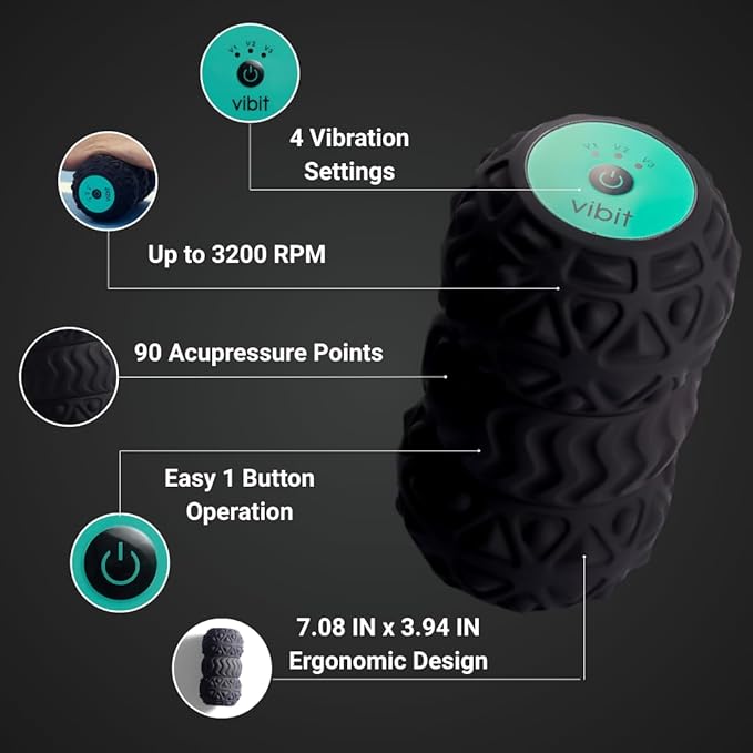 Vibit - Vibrating Massager for Plantar Fasciitis Pain Relief and Sciatica Foot and Body Portable Massage Roller Deep Tissue Pain Relief from Feet to Neck Electric 3 Vibration Levels (Black)