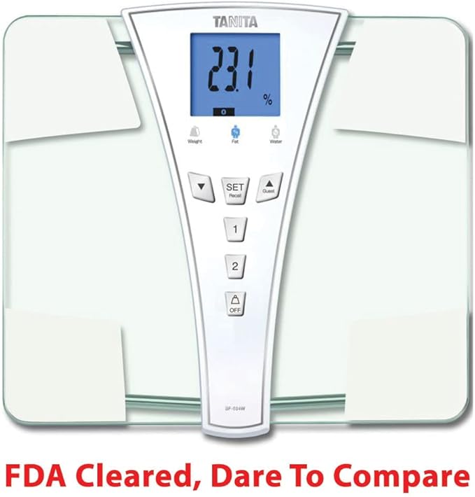 TANITA's BF-684W Digital Body Fat &amp Body Water Scale - Multi-Frequency BIA - BMI Monitor - 440 lb Capacity - Tempered Glass Platform - Athlete &amp Guest Modes - Japan Technology