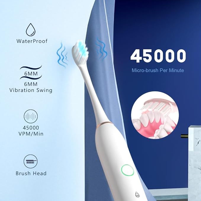 SENWEN 2 Pack Rechargeable Electric Toothbrush with 8 Brush Heads 6 Cleaning Modes Waterproof 2 Minute Timer White&ampPink