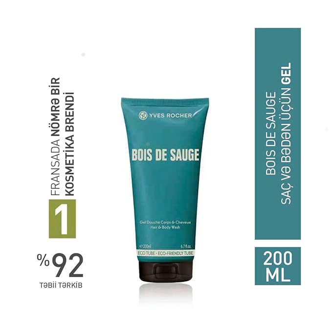 Yves Rocher Granit Bleu and Bois de Sauge Perfumed Body &amp Hair Gel for Men – Refreshing Woody Marine Scent Cleansing Shower Gel All-in-One Hair Daily Use Set of 2-200 ml / 6.7 fl oz