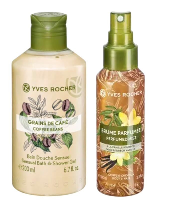 Yves Rocher Sensual Bath &amp Shower Gel Nourishing Moisturising - Coffee Beans and Bourbon Vanilla Body Mist Spray Set of 2 200 ml./6.7 fl.oz. 100 ml./3.3 fl.oz.Best Kift Kit