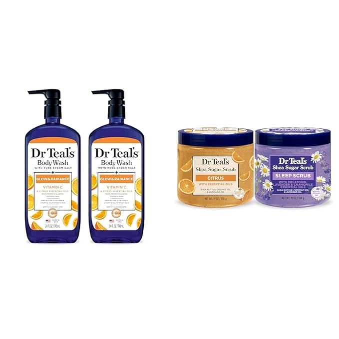 Dr Teal's Body Wash &amp Sugar Scrub Bundle with Epsom Salt Vitamin C &amp Essential Oils 24oz Body Wash (Pack of 2) &amp 19oz Sugar Scrub (Pack of 2)