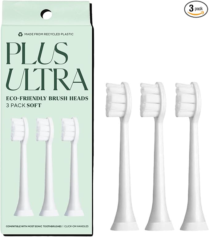 PLUS ULTRA Sonic Electric Toothbrush Replacement Heads 3 Pack – Compatible Click-On Brush Heads – Soft Bristles for Sensitive Teeth – Made with Recycled Plastic – Eco-Friendly