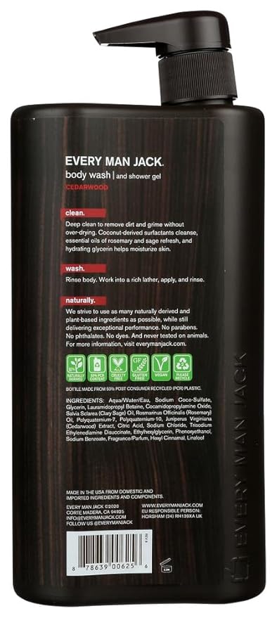 Every Man Jack Men's Body Wash - | 33-ounce Twin Pack - 2 Bottles Included | Naturally Derived Parabens-free Pthalate-free Dye-free and Certified Cruelty Free (Cedarwood)