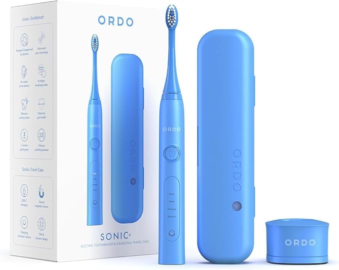 ORDO Sonic+ Electric Toothbrush with Case Sonic Toothbrushes for Adults Charging Travel Case 4 Brushing Modes Fast Rechargeable Battery Silicone Polishing USB Charger Arctic Blue