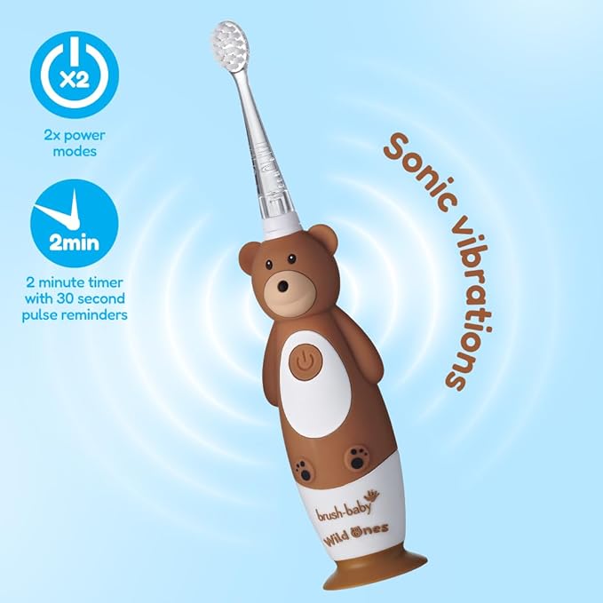 BrushBaby - WildOnes - Kids Rechargeable Electric Toothbrush Ages 0-10 - Bear Design with Flashing Lights - DeepClean Bristles for Superior Cleaning - 2 Replacement Brush Heads 1 USB Cable