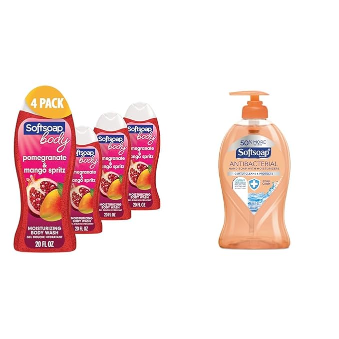 Softsoap Body Wash Pomegranate &amp Mango Spritz Body Wash 20 Fl Oz (Pack of 4) &amp Antibacterial Liquid Hand Soap Crisp Clean Scent Hand Soap 11.25 Ounce 6 Pack