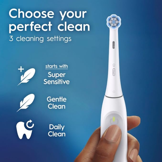 Oral-B Rechargeable Electric Toothbrush iO2 Starter Kit 3 Cleaning Modes Automatic Pressure Sensor to Protect Gums 2 Brush Heads Pure White
