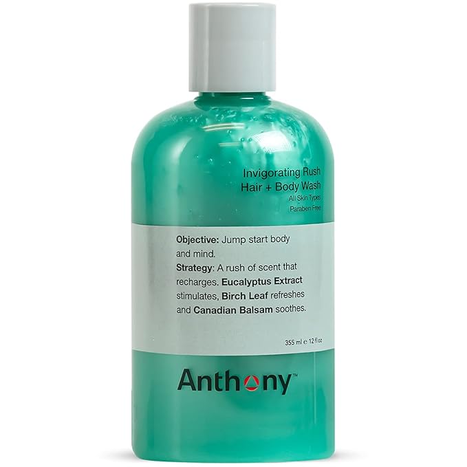 Anthony Mens Body Wash and Shampoo: Invigorating Rush 2-In-1 Liquid Gel Soap &amp Hair Shampoo Pine Wood Scent Hydrating with Eucalyptus Canadian Balsam Birch Leaf Charcoal Sea Kelp 12 Fl. Oz