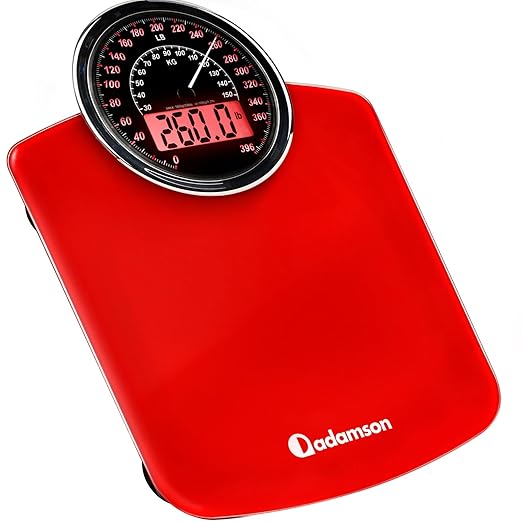Adamson Hybrid 2-in-1 Analog &amp Digital Weighing Scale for Body Weight up to 400lbs - Thick Tempered Glass - Extra Large Display - Easy to Read Digital Bathroom Scale - New - Red