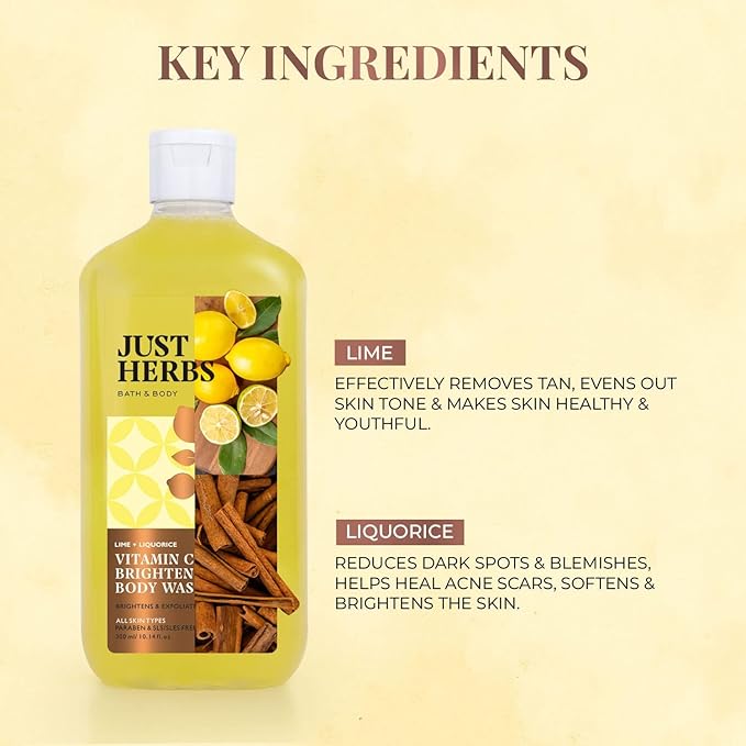 Just Herbs Vitamin C Brightening Body Wash with Lime and Liquorice for Men &amp Women | Hydrates Skin Reduces Hyperpigmentation &amp Maintains pH Level | Suits All Skin Types- 300 ml