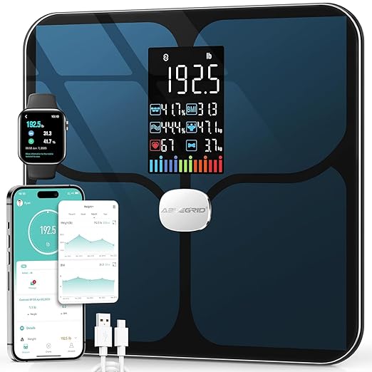 ABLEGRID Body Fat ScaleDigital Smart Bathroom Scale for Body Weight Large Color Display Screen 16 Body Composition Metrics BMI Water Weigh Heart Rate Baby Mode 400lb Rechargeable