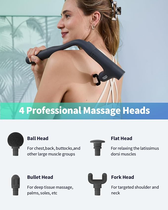 3-in-1 Detachable Massage Gun Deep Tissue Ergonomic Extension Handle Back Massager for Pain Relief Portable Percussion Muscle Massager for Shoulder Thigh Waist &amp Neck FSA-HSA Eligible
