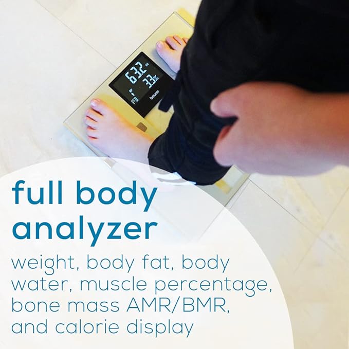 Beurer BF720 Smart Scale for Body Weight Body Fat Body Water &amp More – 400 lb Capacity Bluetooth App Calorie Data User Recognition XL LCD Display Glass Digital Bathroom Scale – Grey
