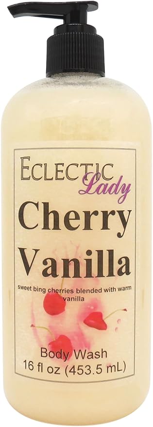 Eclectic Lady Liquid Pearl Body Wash - Cherry Vanilla Scent 3-in-1 Use For Bubble Bath Hand Soap &amp Body Wash Phthalate-Free Cherry Vanilla Fragrance Handcrafted in USA (16 oz)