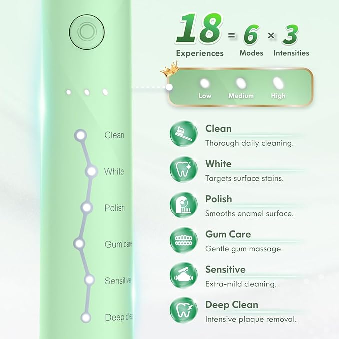 Electric Toothbrush for Adults Kids Electric Toothbrush Rechargeable Sonic Toothbrush Ultrasonic Toothbrush with Travel Case Holder &amp 7 Brush Heads 6 Modes &amp 3 Intensities 2-Minute Timer (G