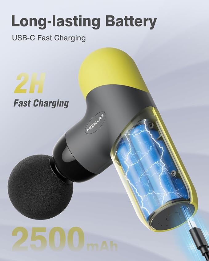 Morelax Mini Massage Gun Portable Deep Tissue Muscle Percussion Massager Electric Handheld Sport Massager with 6 Massage Heads 4 Speed Best Gift (Yellow)