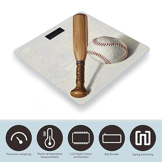 Hand Drawn Baseball Bats and Ball Scale for Body Weight Digital Bathroom Scale Toughened Glass High Precision Scales for Body Weight with Large LCD Backlight Display Weight Scales