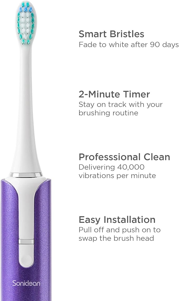 Soniclean Lux Sonic Toothbrush for Adults with 6 Toothbrush Heads Rechargeable Automatic Purple